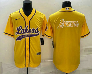 Men%27s Los Angeles Lakers Yellow Big Logo Cool Base Stitched Baseball Jersey->los angeles lakers->NBA Jersey